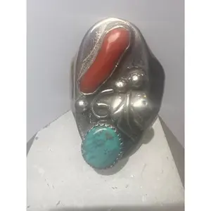 Navajo ring turquoise coral band sterling silver women men Size 10.75