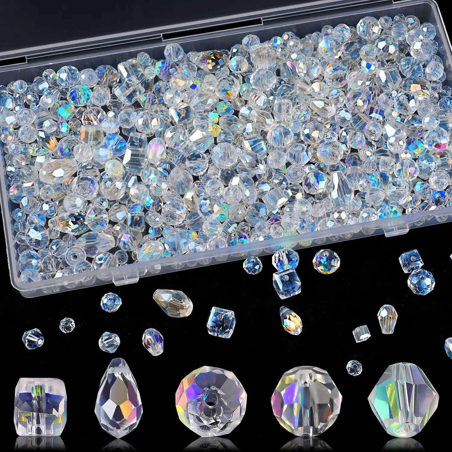600 Pc Crystal Glass Bead Set with Bicone Rondelle Cube and Teardrop Beads for Jewelry