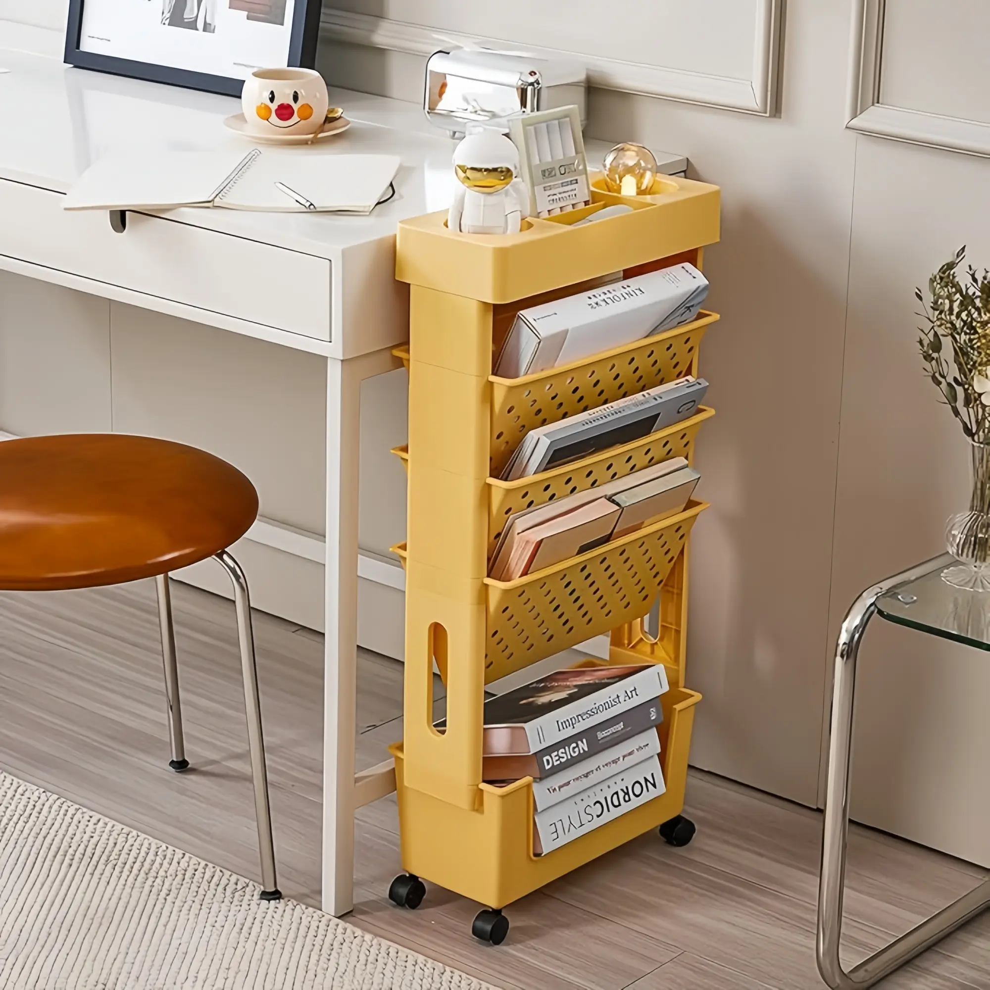 Rolling Desk Side Book Cart | Mobile Classroom Storage Organizer with Wheels, Multi-Layer Side Table Bookshelf for Office Study Bedroom,home organizer rack