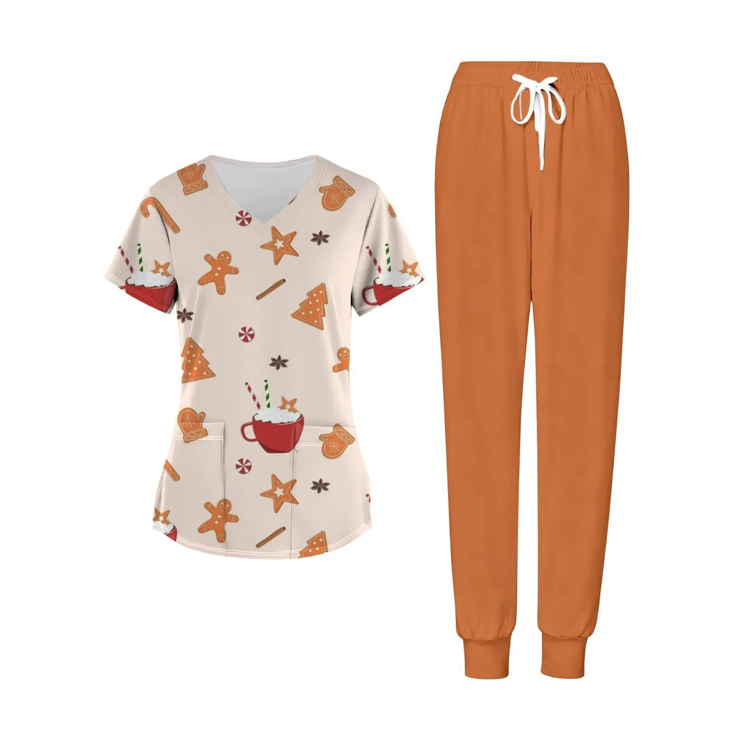 Plus Size Women's Christmas & Hot Cocoa Print Nurse Scrub Set - Casual Workwear for Hospital, Clinic, or Home Use - Comfortable Fabric, Ideal Gift