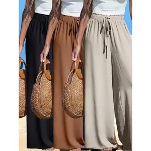 Women's Plain Pocket Tie Front Elastic Waist Straight Leg Pants, Casual High Waist Wide Leg Trousers for Daily Wear