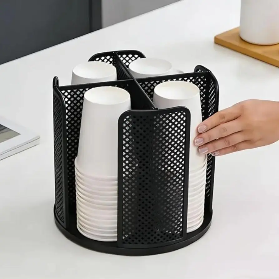 360 ° rotating cup dispenser with 4 compartments, desktop disposable coffee cup storage rack, detachable plastic cup storage rack with cup lid holder, kitchen coffee station, bathroom countertop multifunctional cup holder