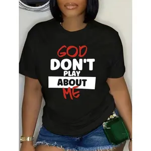Women's "God Don't Play About Me" Graphic T-Shirt - Black with Bold White & Red Lettering, Casual Crew Neck Short Sleeve Tee, Machine Washable, All-Season Comfort Fit