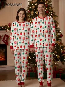 Couple family Christmas bamboo fiber long-sleeved pajama set, King and Princess printed Christmas Pajama family style