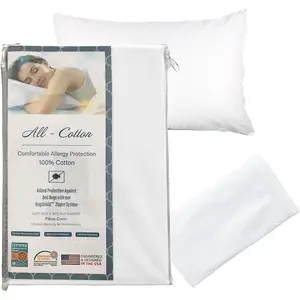 National Allergy 100% Cotton Zippered Pillow Protector - Standard Size - White - 300 Thread Count - Hypoallergenic Bed Pillowcase with Zipper - Breathable Encasement Cover