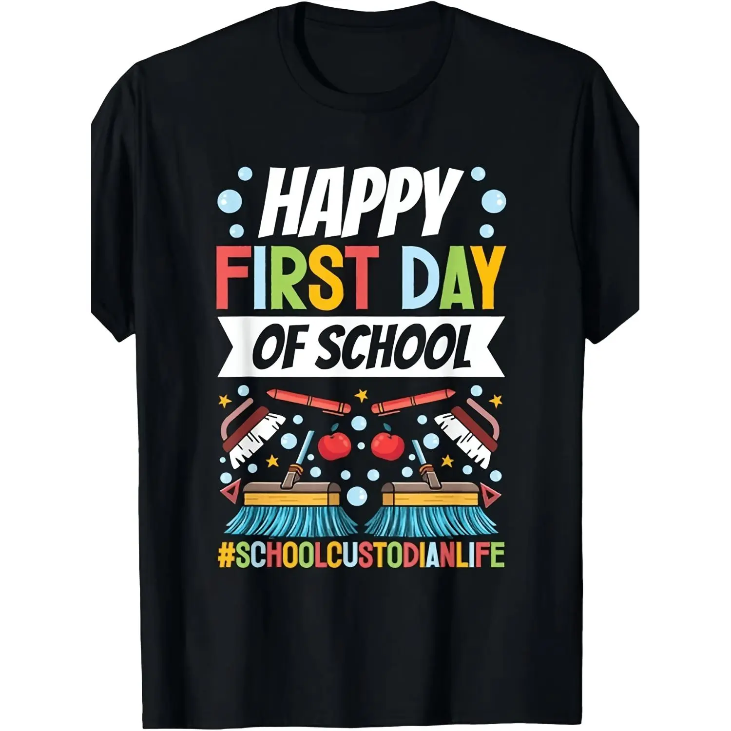 Men's Crew Neck Cotton Blend T-shirt, Heat Transfer Prints, Loose Fit, All Seasons, 180G Unisex Summer Short Sleeve Custodian Happy First Day of School Tee