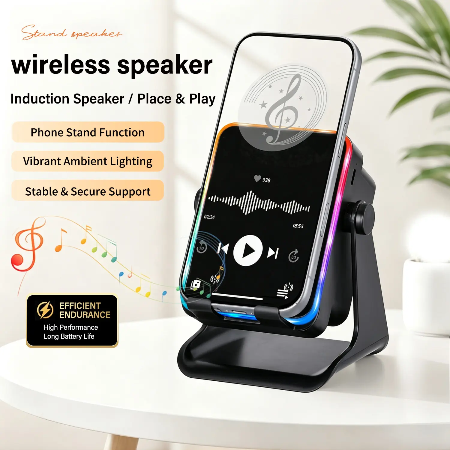 5-in-1 Wireless Induction Audio Speaker Stand - 360° Adjustable Phone Tablet Holder, 2000mAh Rechargeable Emergency Power Bank, Colorful Ambient Light, Compatible with iPhone, Samsung & Android Devices Back To School