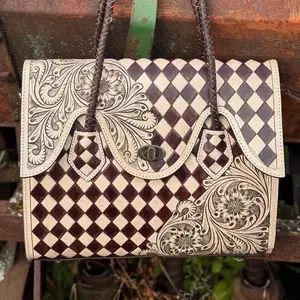 Genuine Leather Brown And Tan Checkered Handbag