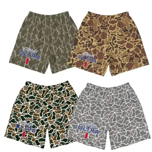 4 Styles Michelobb ULtra Bottomland Camo Old School Camo Shorts, Hunting Camo Swim Trunks, Beach Shorts, Menswear