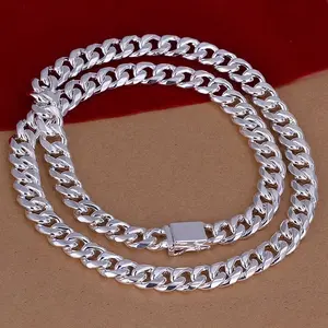 925 Sterling Silver Cuban Link Necklace — 10mm Width with Side-Mounted Square Clasp (Fashion Jewelry)
