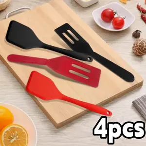 4pcs Silicone Spatula Set | Red & Black Slotted & Solid Flexible Heat Resistant Spatulas for Mixing Cake Batter, Frosting & Stirring Sauces, Non Stick Cookware Safe Kitchen Tools
