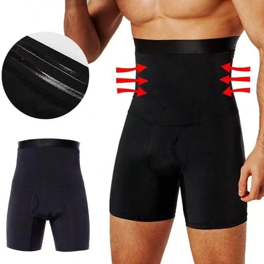 Men's High-Waist Tummy Control Body Shaping Compression Boxer Briefs - Elastic Waist, Workout Slimming Underwear, Plain Menswear Socks