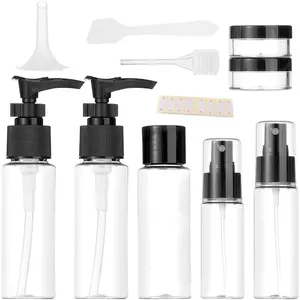 Travel Bottles Kit, TSA Approved Leak Proof Portable Toiletry Containers Set, Clear flight size PET  Containers for Lotion, Shampoo, Cream, Soap, Set of 11 (Black+Plastic)