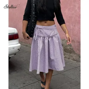Women Low Rise Plaid Midi Skirt Gingham Tie Up A Line Frill Ruffle Hem Maxi Skirts Vintage Teen Girls Streetwear