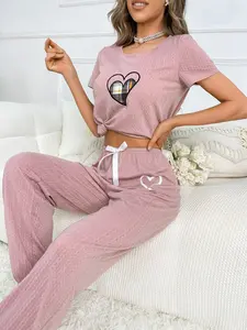 Women's Soft Ribbed Heart Pajama Set Short Sleeve Loungewear Cute Embroidery Sleepwear