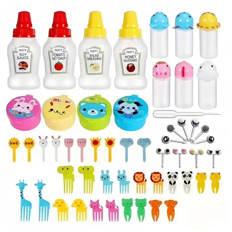 Cute Cartoon Design Food Picks Set, 1 Set Including Lovely Sauce Squeeze Bottle & Dessert Forks & Sauce Box & Liquid Bottle, Kitchen Supplies for Indoor & Outdoor, Fall Decor, Men Gifts, Tableware, Cutlery, Utensils, Kitchenware
