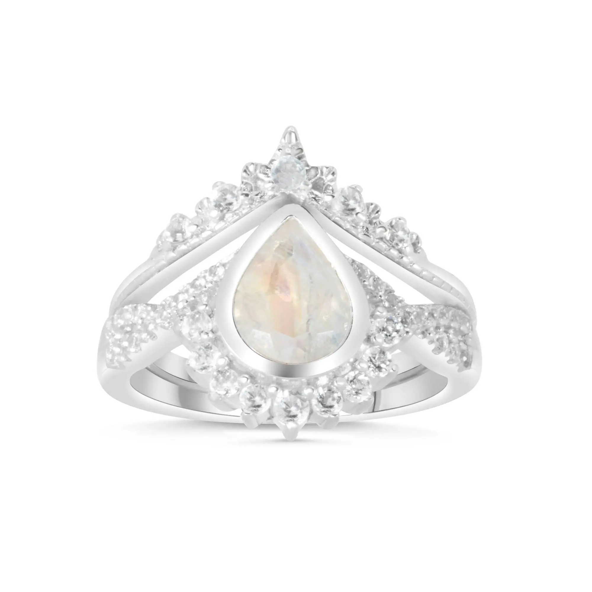 Valerie Rose - Josephine - Rainbow Moonstone Ring Set, Sterling Silver Engagement Promise Wedding for Women, Dainty, June Birthstone, Anniversary Gift