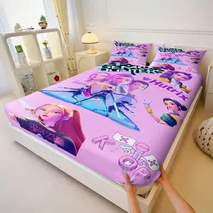 K-Pop Girl Group Anime Bedspread 3 Piece Set, Includes 2 Pillow Covers, Neon Idol Theme Anti-Slip Mattress Cover, Cute Bedroom Decor Gift