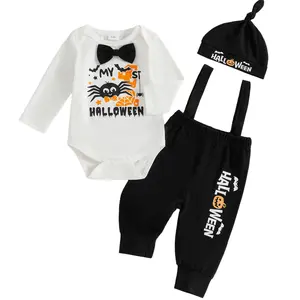 My 1st Halloween Baby Boy Outfit Newborn Pumpkin Ghost Long Sleeve Romper Suspender Pants Hat Set 3Pcs Fall Outfits