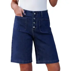 Bermuda Shorts for Women Jean High Waisted Trendy Patch Pockets Casual Summer Button Fly Stretchy Denim ShortsGift