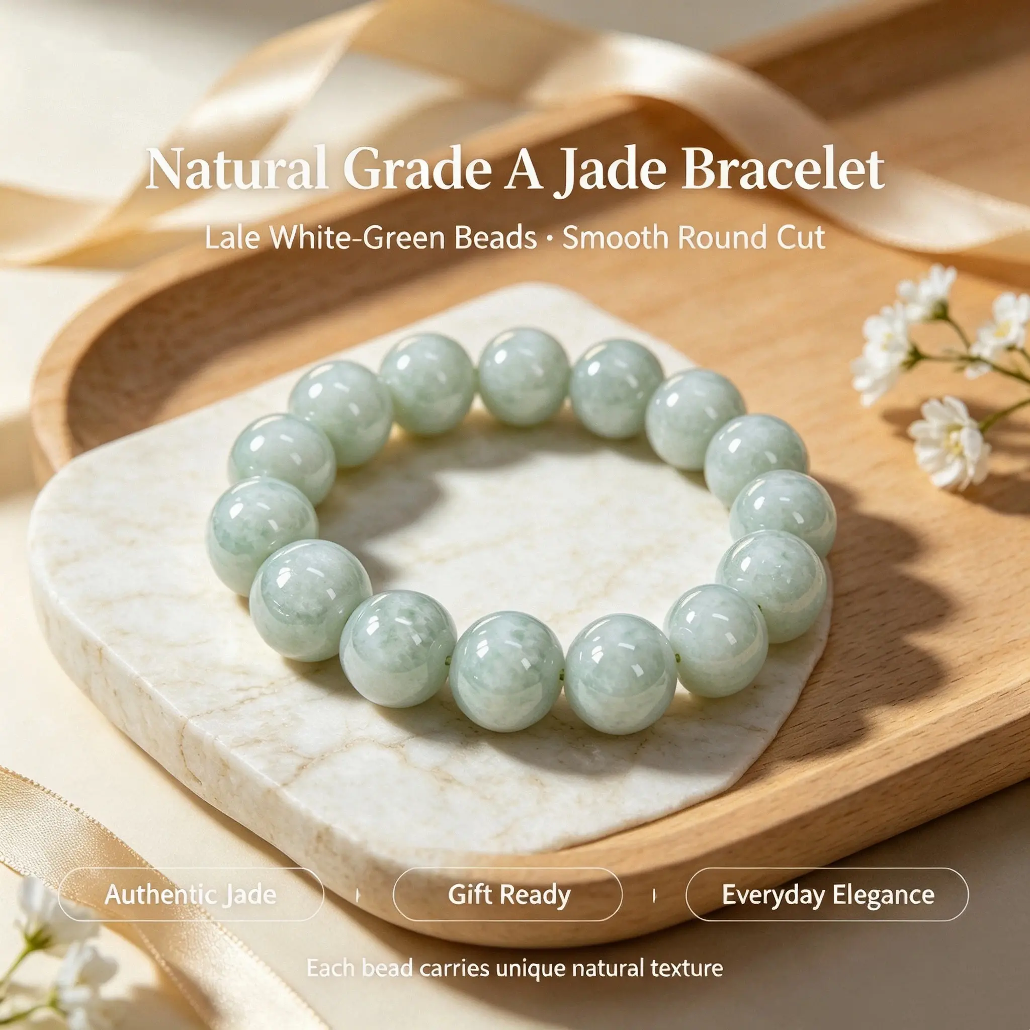 Grade A Natural Jadeite Beaded Bracelet, Protective Stone for Harmony and Good Fortune, Healing Crystal Jewelry for Daily Wear Gift, 13mm Unisex