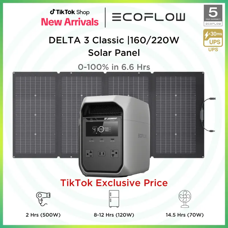 EF ECOFLOW DELTA 3 Classic Portable Power Station with 160/220W Solar  Panel, Solar Charging, LiFePO4 Battery, 1800W AC/100W USB-C Output - TikTok  Shop