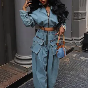 Fashion Retro Wide Leg Loose Heavy Industry Denim Two-Piece Suit Women's Clothing Fit Womenswear