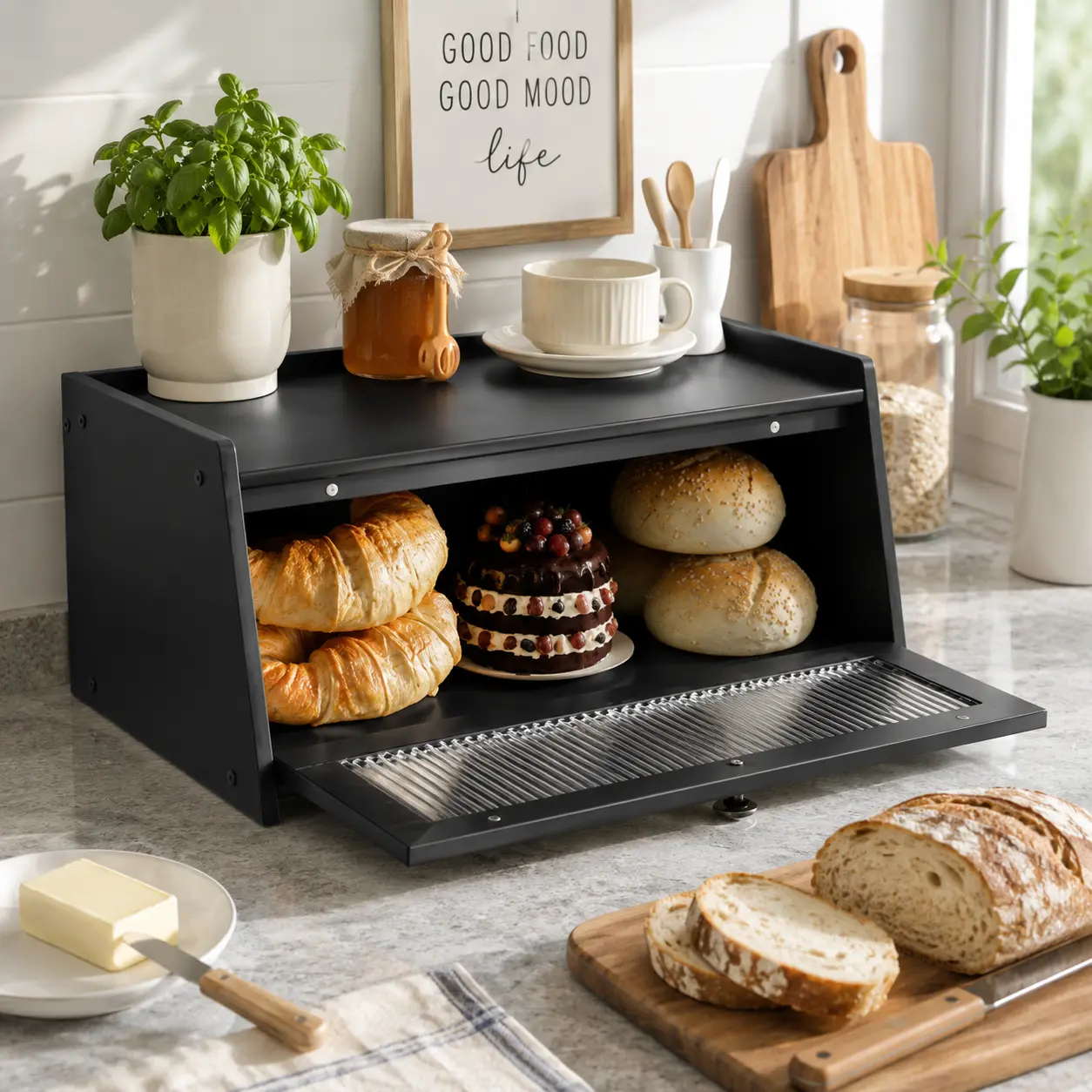 Wood Bread Box for Kitchen Counter, Single Layer Bamboo Large Capacity Food Storage Bin Containers Wooden