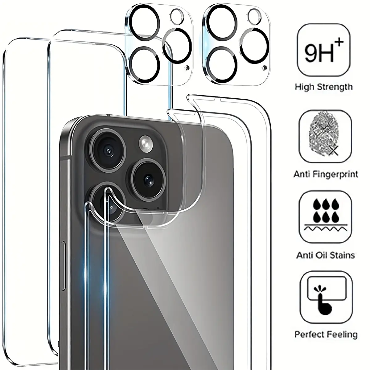 2+2+2, HD tempered glass Cellphone screen protector, Protection, suitable for IPhone11/12/13/14/15/Plus/Pro/ProMax series, including 2pcs back glass tempered protector and 2pcs rear camera lens protective film, Accessories