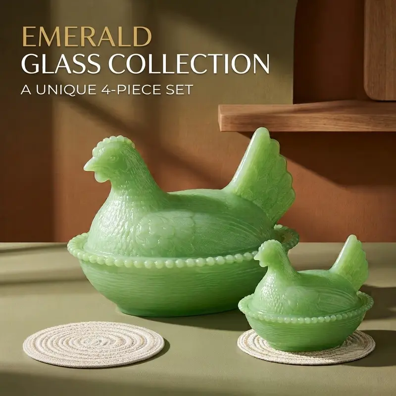 4-Piece Chicken-Shaped Glass Storage Jars & Platters Set, Home Organizers with Lids, Durable Reusable Food Storage Containers, Containers for Food, Kitchen Accessories & Christmas Table Decor
