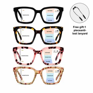 4 Pack Oversized Square Progressive Reading Glasses, Blue Light Blocking Readers with Spring Hinge, Lightweight Anti-Glare Computer Eyeglasses for Women & Men