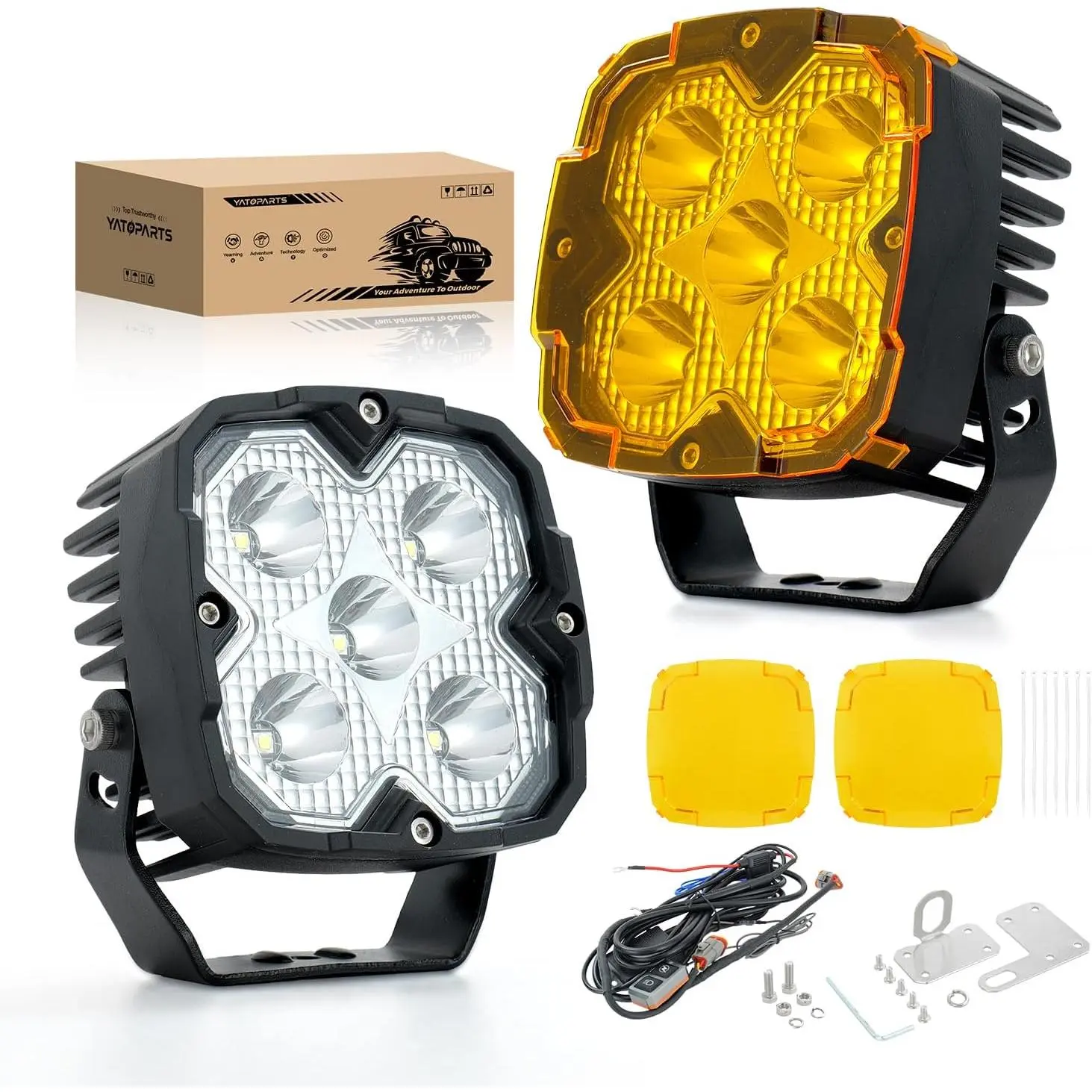 5 inch X-Shaped 9 Modes Strobe LED Offroad Lights with Amber DRL, 200W 16000LM Super Bright LED Pod & Amber Pod Light Cover, Spot Flood Combo Fog Light Bar for Off-Road Vehicles (5"X-Shaped)