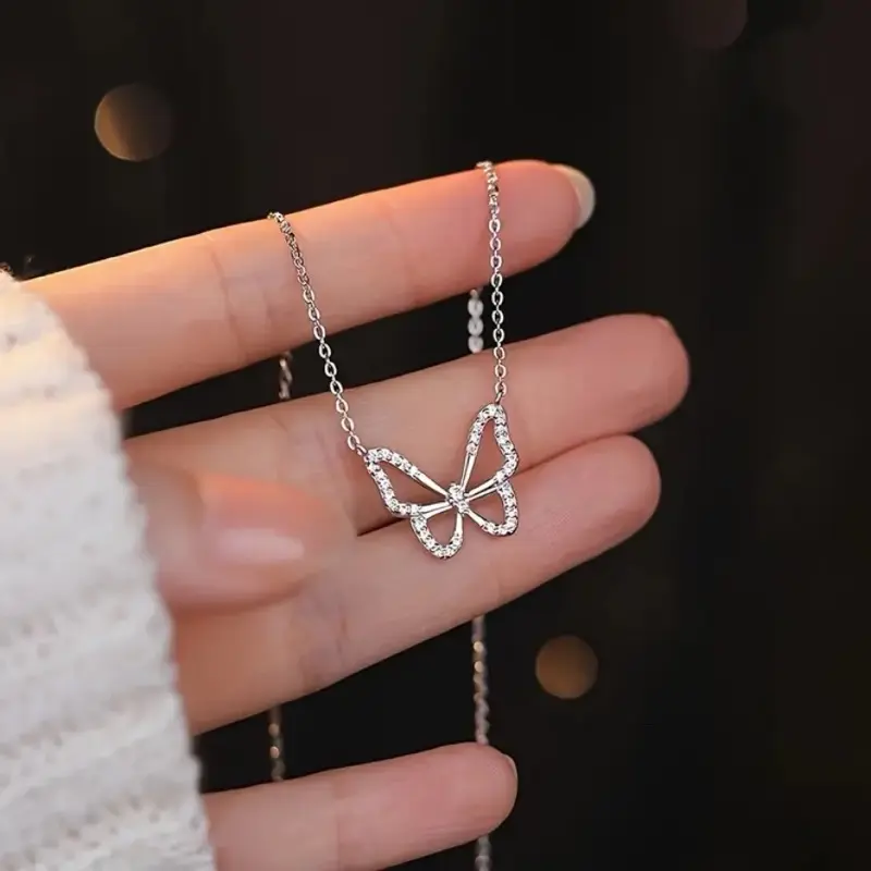 Butterfly Rhinestone Silver Necklace