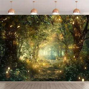 Enchanted Forest Fairy Lights Backdrop Whimsical Golden Lit Scene with Glowing Orbs Durable Polyester Banner for Home Decor Birthdays Anniversaries Versatile Photography Wall Decor Enhancement Magical Fairy Garden Ornaments Magical Tapestry