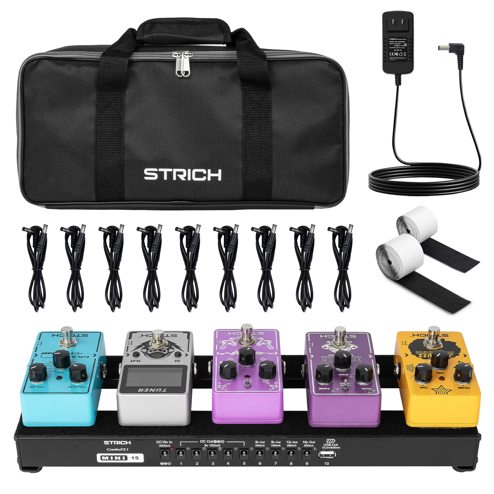 STRICH PB-M15 Guitar Pedal Board with Built-in Power Supply, 15"x5.1" Lightweight Aluminum, Includes Cables, Bag & Velcro Multifunction