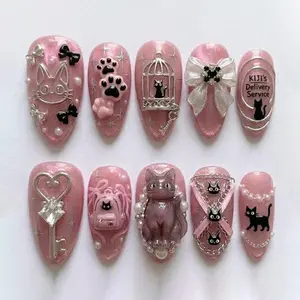 Pink Black Cat Press On Nails 3D Bow Pearl Charm Design Kawaii Nails for Cute Magical Style