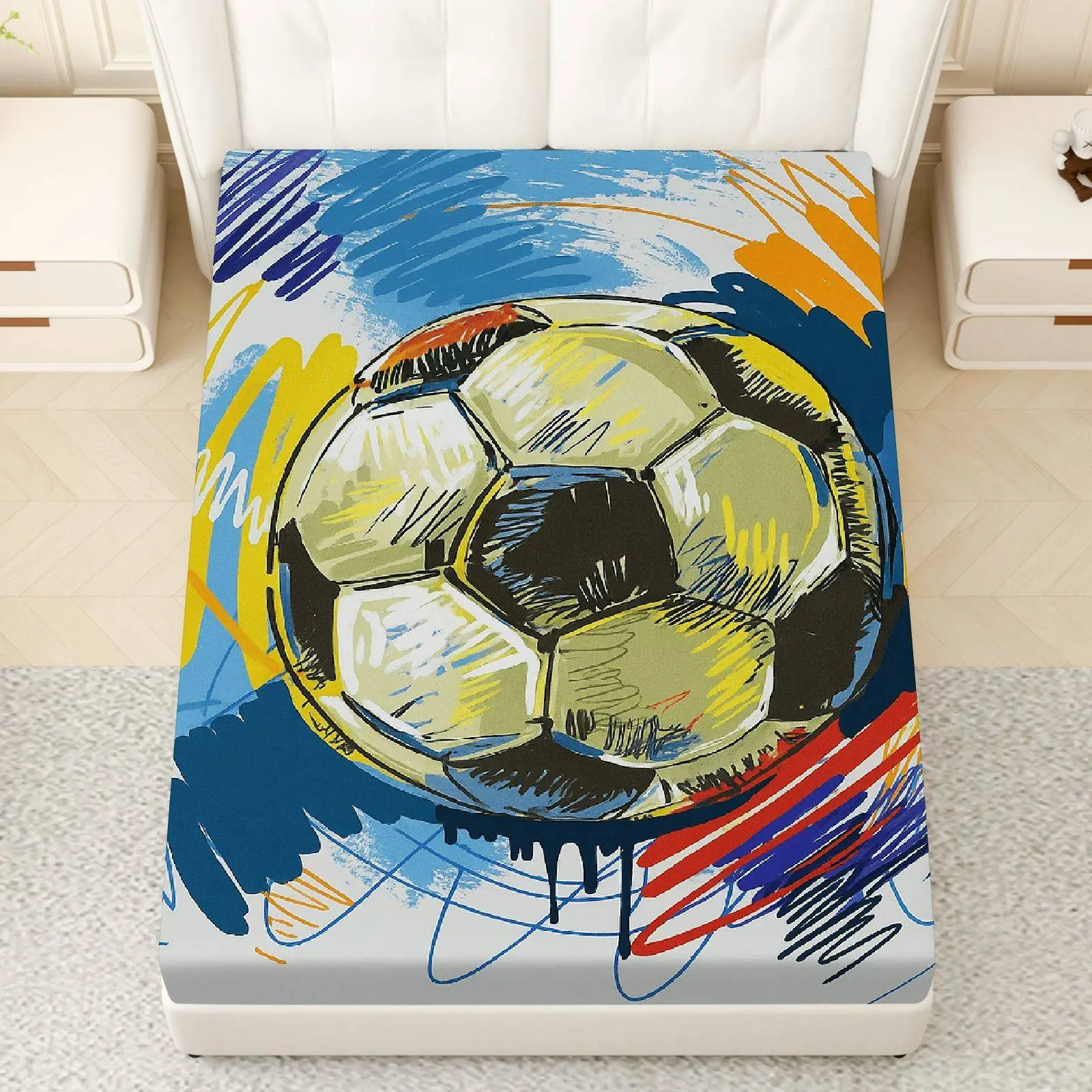 1-Piece Football Print Fitted Blanket & Mattress Protector - Black-White Design with Colored Corners, Soft, Breathable, Wrinkle-Resistant, Durable Microfibre, Multi-Size for Single/Double Beds, Sports Themed, Machine Washable