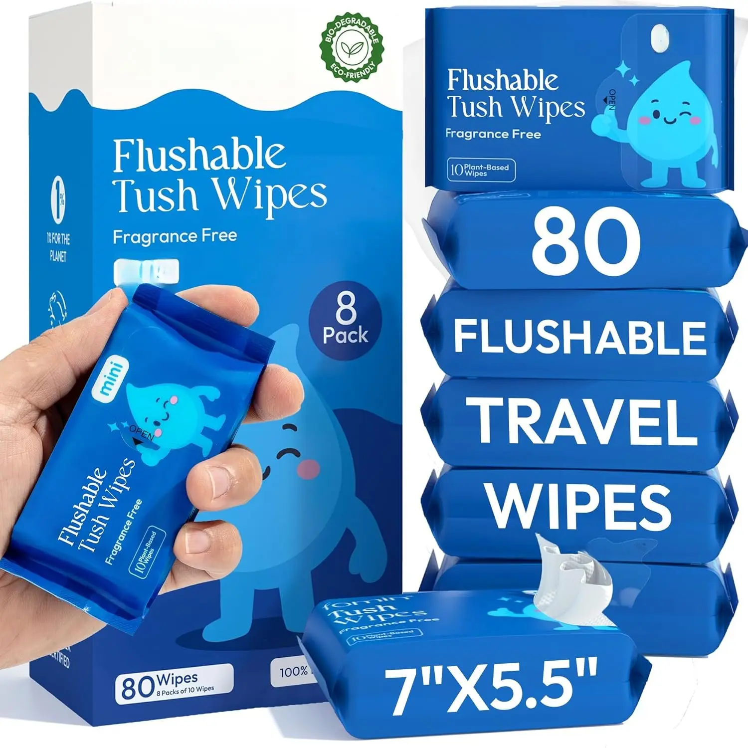 Compact Travel Flushable Wipes 8 Pack (80 Wipes Total) - Unscented Travel Size Wet Wipes for Adults - pH Balanced, , -Based -  Tush Wipes for Women & Men