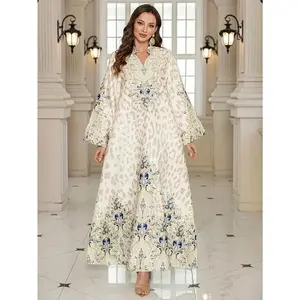 Women'S Elegant Long Abaya Dress, Pearl Embellished Floral Print, Polyester 100%, Regular Fit, Long Sleeve, All-Season Jellabiya with Woven Texture, 185g/m² - Luxurious Middle Eastern Fashion