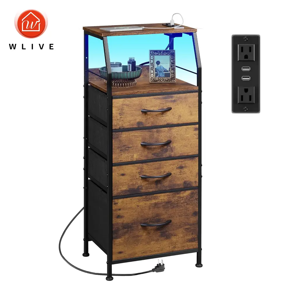 WLIVE 4 Drawer Dresser for Bedroom, Nightstand with Charging Station and Led Light, Tall Bed Side Table with USB Ports and Outlets, Adjustable Storage