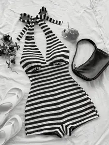 Women's Fashionable Minimalist Striped Halter Sleeveless Jumpsuit Romper Fit, Perfect for Casual Vacations, Beach Dates, Parties & Festivals