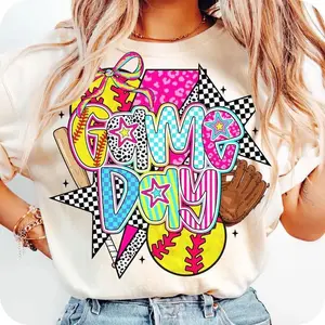 [Sale Up To 30%] Softball Game Day Mom T-Shirt Game Day T-Shirt Softball Graphic Tee Checkered Star Sports Shirt Cute Game Day Outfit for Women