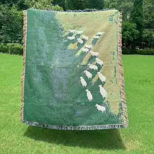 Boho Style Sheep Pattern Tassel Throw, Thick Warm Soft Comfortable Napping Blanket, Cozy Throw Blanket, Cool Bedroom Bedding Blankets for Home Office Travel Camping Picnic