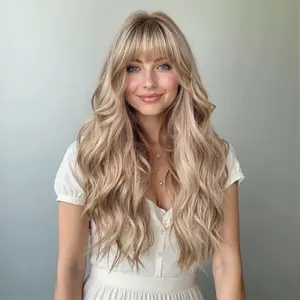 DWY Loni Plus -DWY New Technology Bionic Silk Top 24-Inch Long Wave Light Brown Glueless Synthetic Wig with Bangs for Women High-Quality Premium Fiber Easy Wear Comfortable Fit