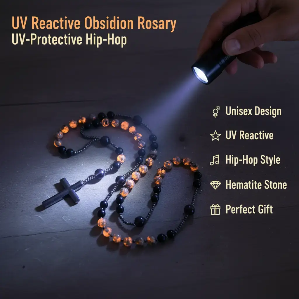 Unisex B Eclat Mystique Natural Obsidian Yooperlite Rosary Necklace UV Reactive Protection Necklace Hematite Stone Cross Pendant Necklace Gift for her, gift for him,Hip-Hop Necklace