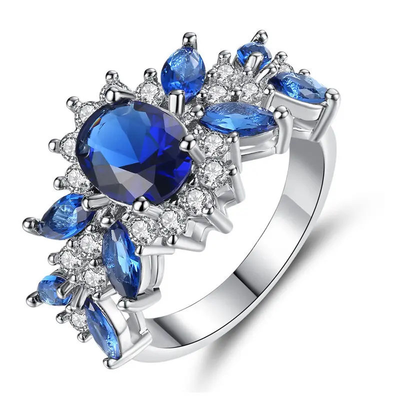 Women's Elegant Blue Sapphire Zircon Ring - Creative Leaf Design, Personalized Female Fashion Costume Jewelry Accessory