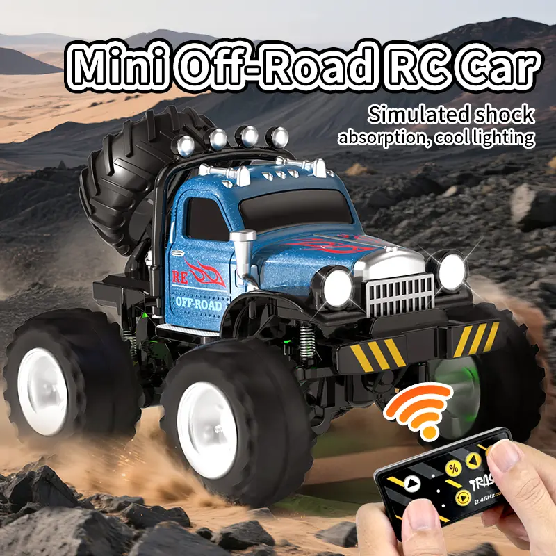 Mini 1:64 Scale Alloy Climbing Off-Road Truck – Desktop Remote Control Car, USB Charger, suitable for children's birthday gifts, stress-relieving toy, remote control stunt off-road vehicle, cool lights, high-speed driving, APP control.