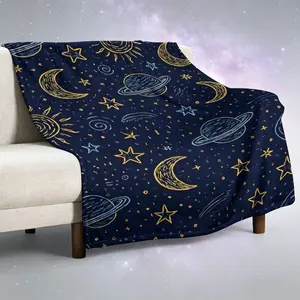Celestial Star Moon Planet Print Throw Blanket, Soft Flannel Galaxy Space Blanket