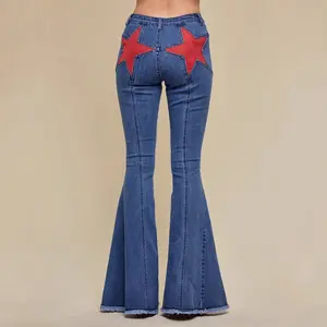 Women'S High Waist Red Star Patch Flare Jeans Stretch Vintage Western Denim Pants Casual Daily Party Festival Rodeo Wear For Women