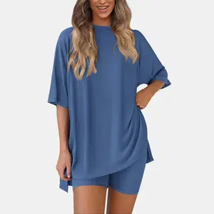Women's Summer Two-Piece Set Casual Oversized Crewneck Split Hem Shirts & Side Pocket Biker Shorts Minimalist Lounge Wear Soft Viscose Fabric Comfy Homewear Cozy Pjs